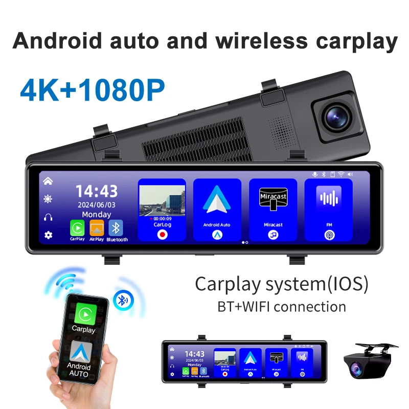 4K Dash Cam Wireless Carplay Sony 415 Car CVR RearView Mirror Support Rear View Camera Car Camera Video Recorder Black box