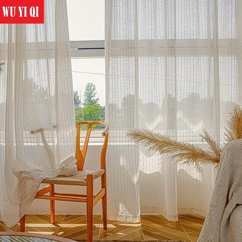 Modern Striped white Linen stripe sheer curtains for living room curtains shade kitchen bedroom sitting room curtain custom size