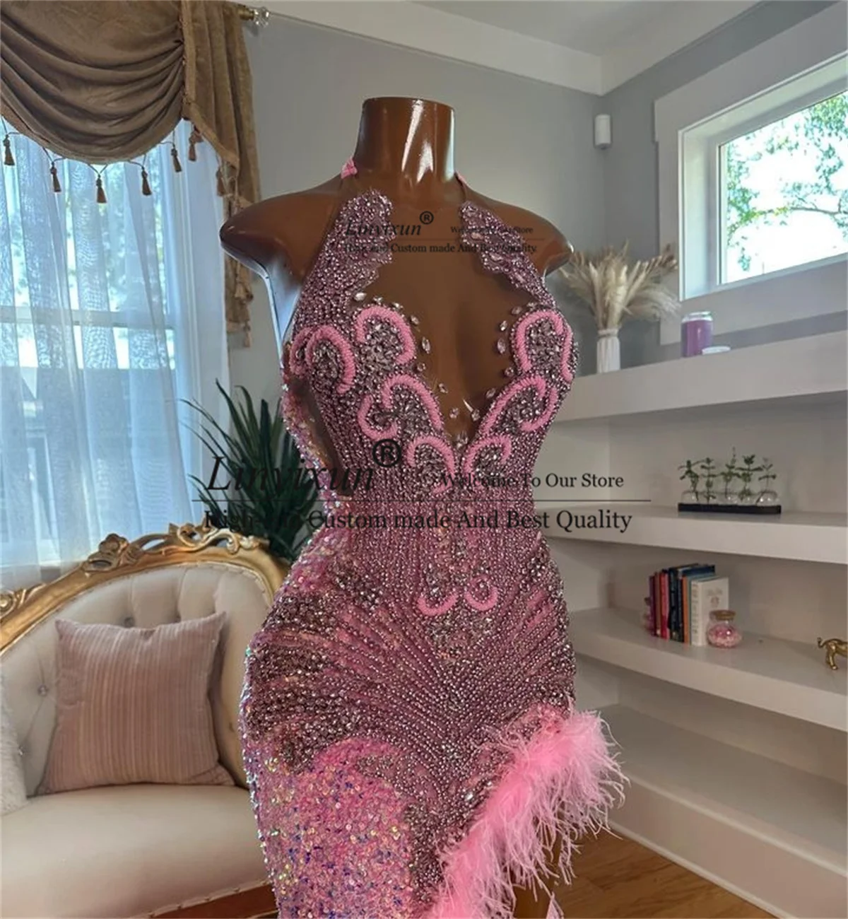 Pink Velvet Sequin Prom Dresses For Black Girls Women Mermaid Birthday Party Dress Luxury Feathers African Slit Evening Gown