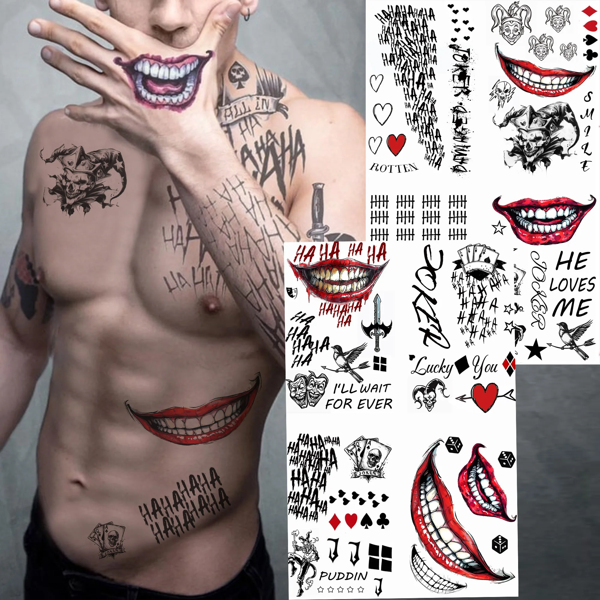 Joker Tattoos 8 Sheets, Halloween Temporary Tattoos for Men, Suuisidde Sqquadd Fake Tattoo Stickers For Adults