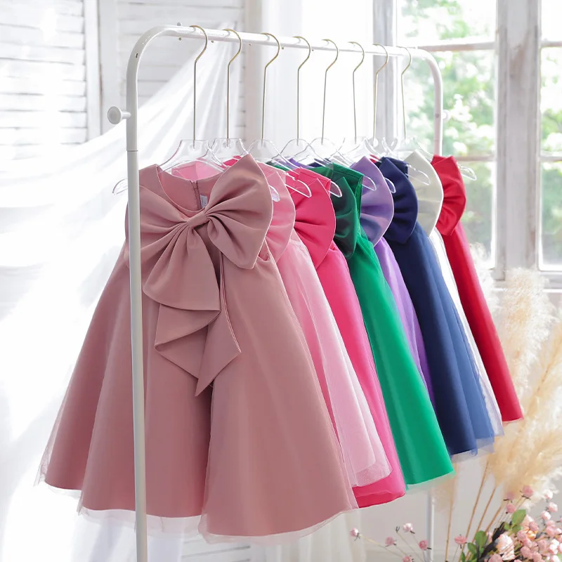 2023 New Year Child Big Bow Corduroy A-line Dress Wedding Party Princess Kids Dresses For Girls  Christmas Clothing 2 to 8 Year