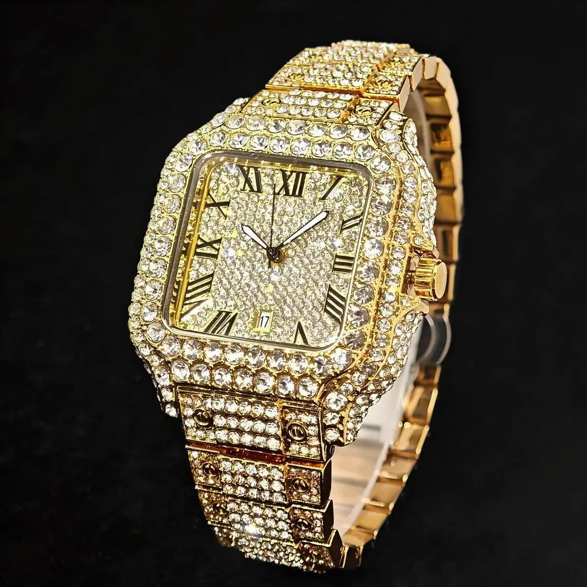

UNIGUET Black Diamond Watch For Man Fashion Roman literal Square Watch Hip Hop Full Iced Jewelry Wrist Watch Men Dropshipping