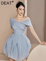 DEAT Mini Eveing Dress Diagonal Collar Pleated High Waist Short Slim Solid Color Women's Flower Bud Dresses Fashion 13DB3203