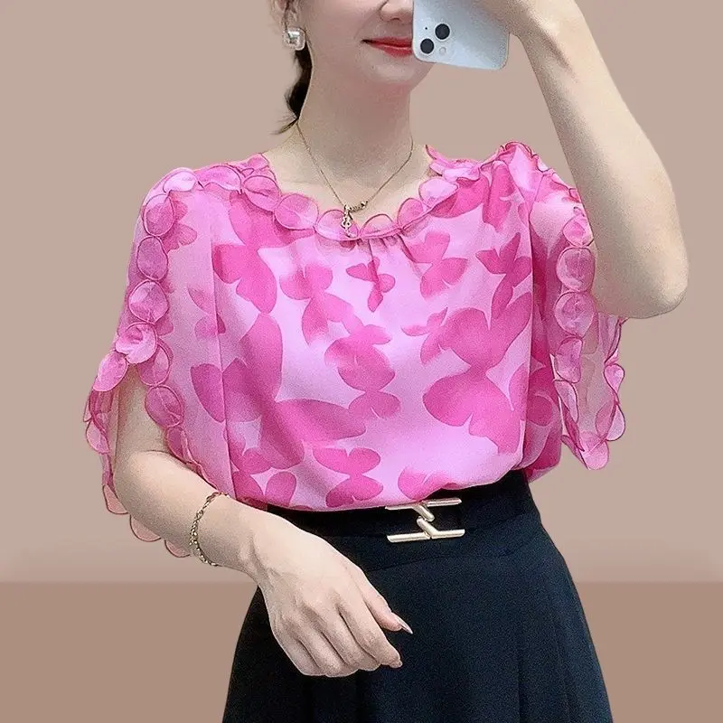 Elegante O-Hals Bedrukte Plooien Ruches Flare Mouw Blouses Dameskleding 2024 Zomer Nieuwe Losse Koreaanse Tops Office Dame Shirts