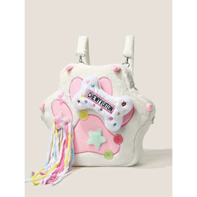 Lolita Cute Hexagonal Plush Cat Claw Backpack Sweet Girl Y2k Casual Shoulder Bag Soft Girl Dog Claw Bag