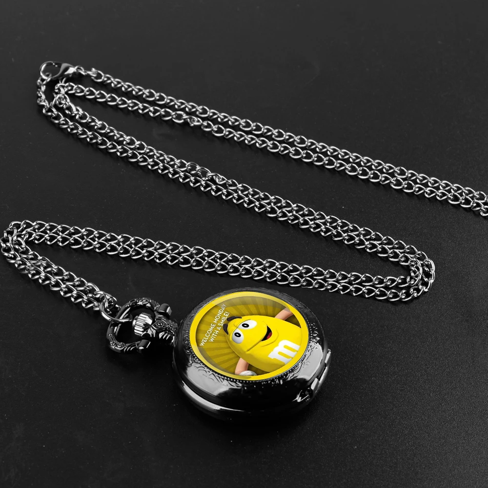 M&M's Chocolate Bean Glass Dome Vintage Arabic Numerals Quartz Pocket Watch Necklace Pendant Clock Chain Men Women for Kids