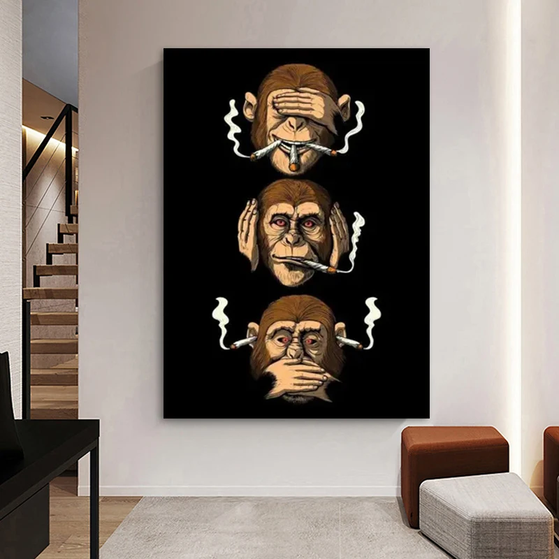 Fun and Funny Three Monkeys Posters and Prints Modern Animal Canvas Painting Wall Art Picture for Living Room Home Decoration