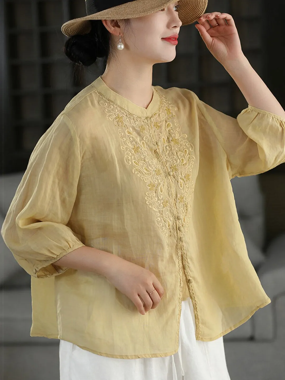 High-End plus Size Embroidered Shirt Women's New Chinese Style Fashionable Anti-Aging Five-Quarter Sleeve Top Trendy