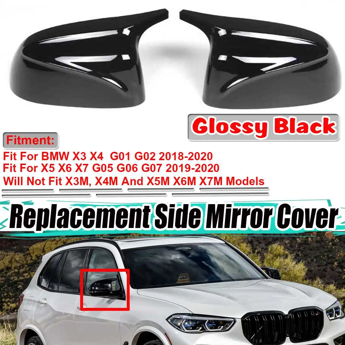 

2Pcs Car Side Door Rearview Mirror Cover Caps Replacement For BMW X3 X4 G01 G02 2018-2021 X5 X6 X7 G05 G06 G07 2019-2021 M Style