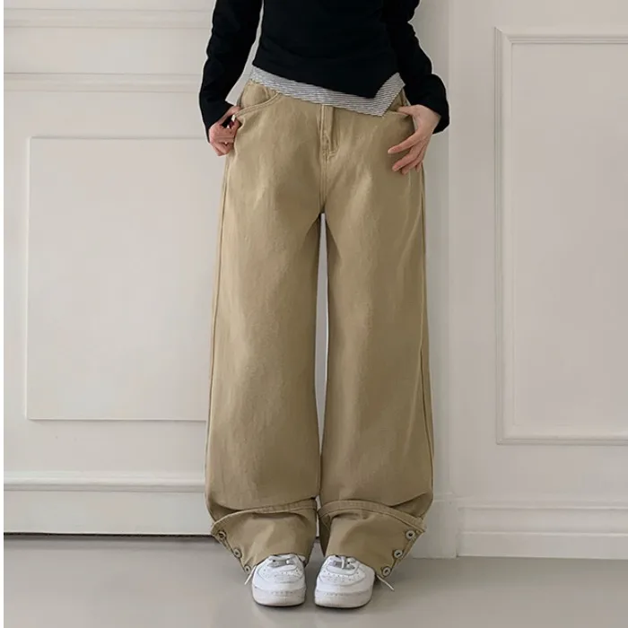 

Casual High Waist Embroidered Pocket Button Denim Jeans Women's Loose Fit Cotton 100% Spring Summer Autumn Winter Universal