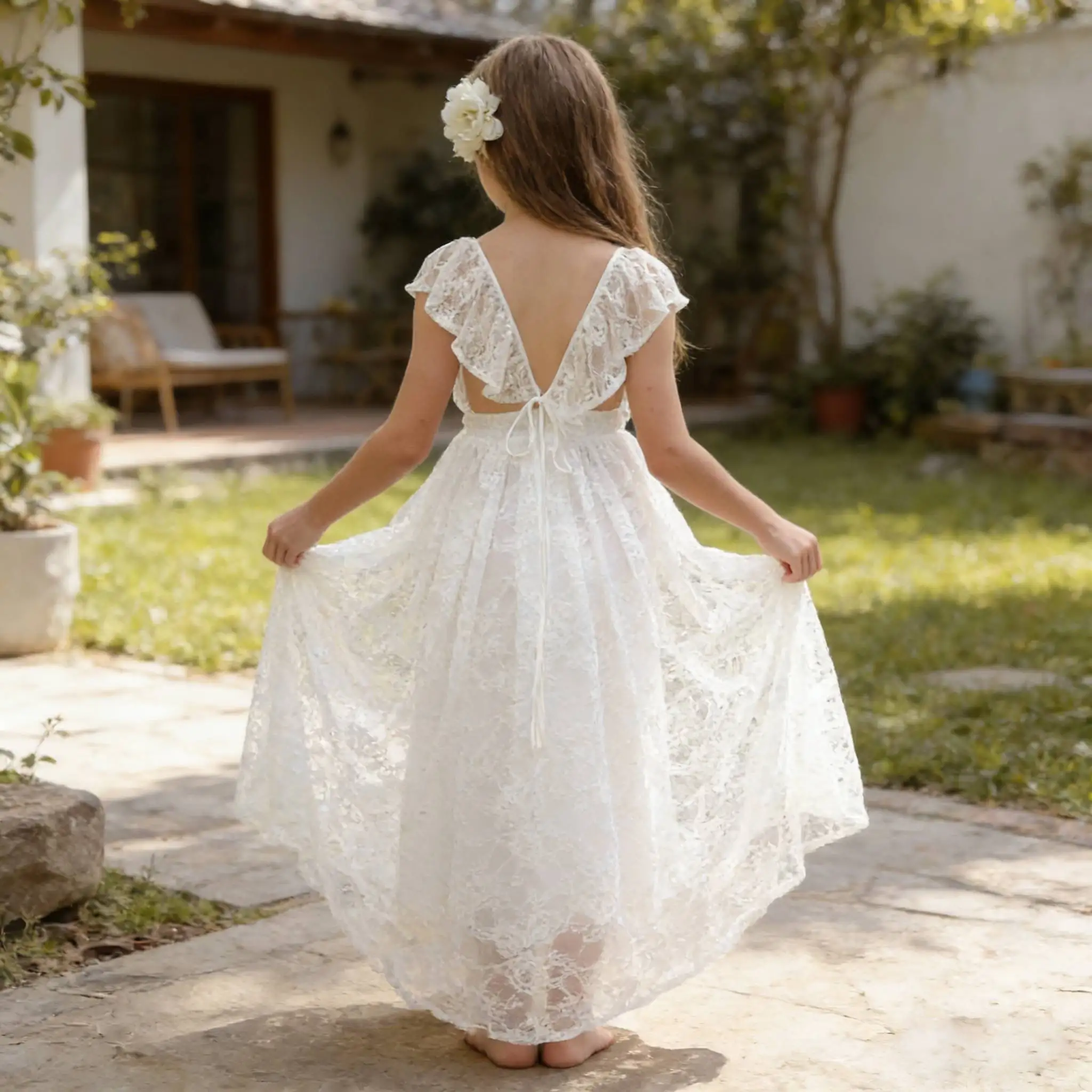 

Girls Elegant Embroidery Dress Backless Lace Princess Dress Toddler Children White Bridesmaids Wedding Evening Party Kid Clothes