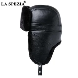 LA SPEZIA Fur Leather Bomber Hat Men Winter Hats Man Black Large Size XXL Cowskin Warm Hats for Men