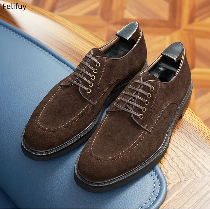 

Coffee Brown Men's Genuine Leather Cow Suede Business Casual Shoes Formal Round Toe Derby Shoes Frosted Lace-Up Men's Shoes