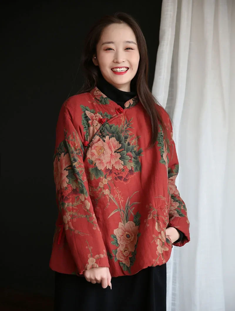 빈티지 코튼 프린트 느슨한 편안한 짧은 얇은 퀼트 자켓 여성 사이드 오픈 디스크 버클 캐주얼 소프트 중국어 Hanfu