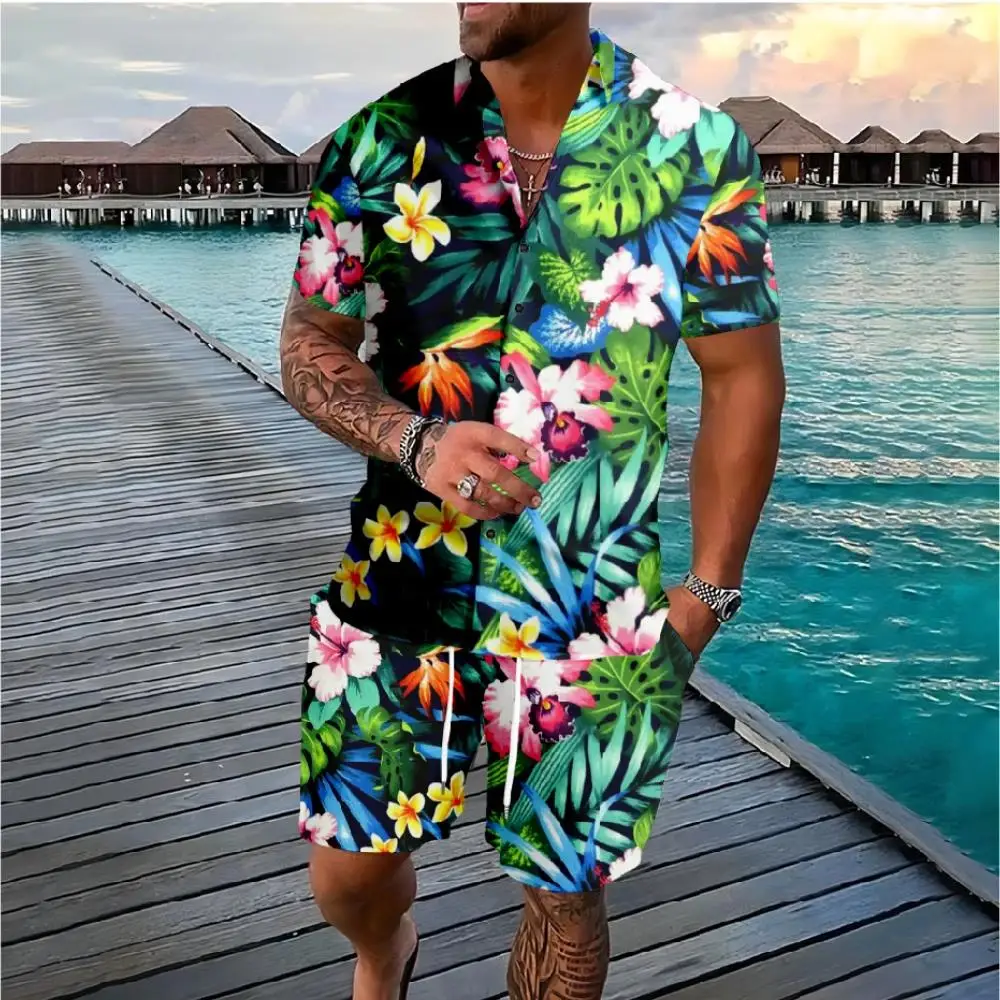 Palm Hawaiian Coconut Tree Flowers Button Suits Shirts Shorts Colors Florals Set Streetwear Casual Beach Men Clothes