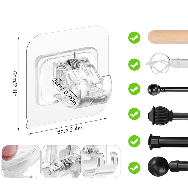 10pcs Self-Adhesive Curtain Rod Bracket - Shower Curtain Rod Holder, Adjustable Hooks, Nail-Free Installation Fixing Device view 4
