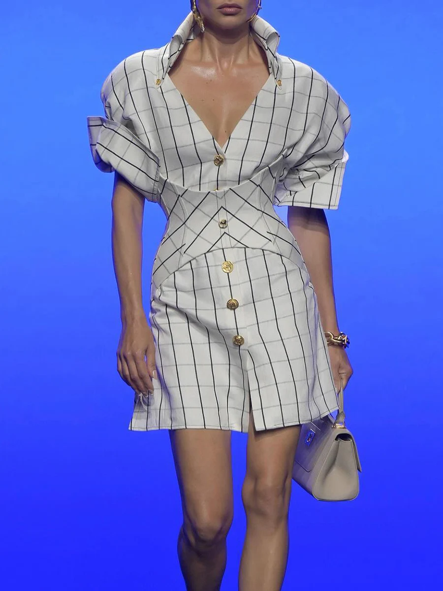 VGH Mini abito da ufficio francese a quadri per donna con risvolto manica lunga patchwork cintura dimagrante abiti camicia alla moda femminile nuovo