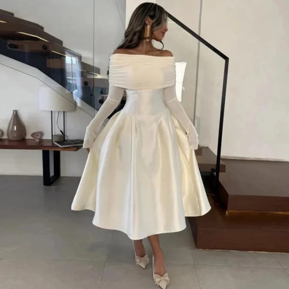 

A-line Women's Cocktail Dresses 2025 Satin Off-the-shoulder Prom Dress Ivory Pleat Ruched Bespoke Occasion Gown Midi