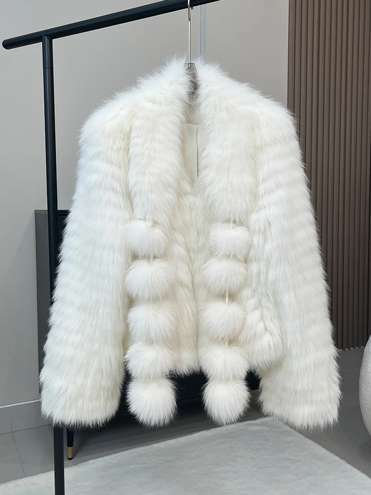 Damska kurtka z naturalnego futra lisa na zimę 2025, z przeszyciami z futra, styl Toghter, ciepła, gruba, codzienna kurtka, ciepły płaszcz, odzież wierzchnia.