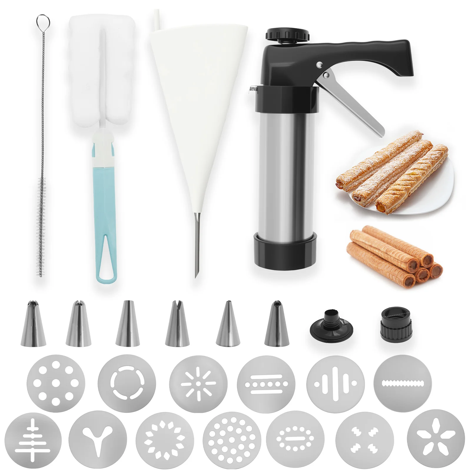 Máquina para Hacer Churros DIY, Kit de Acero Inoxidable con Diferentes Boquillas, Bolsa de Repostería, Cepillo y Prensa para Churros