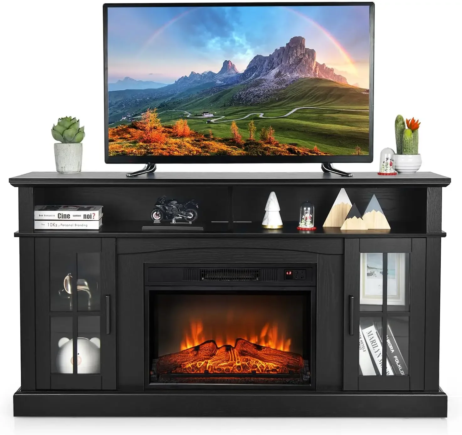 Lareira elétrica TV Stand para TVs, Aquecedor Inserção com Controle Remoto, Temporizador 6H, 3-Level Flame, Até 65 ", 1400W