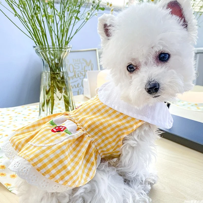 1PC Pet Clothes Spring/Summer Thin Yellow Checkered Ladybug Skirt Suitable for Small and Medium sized Dogs