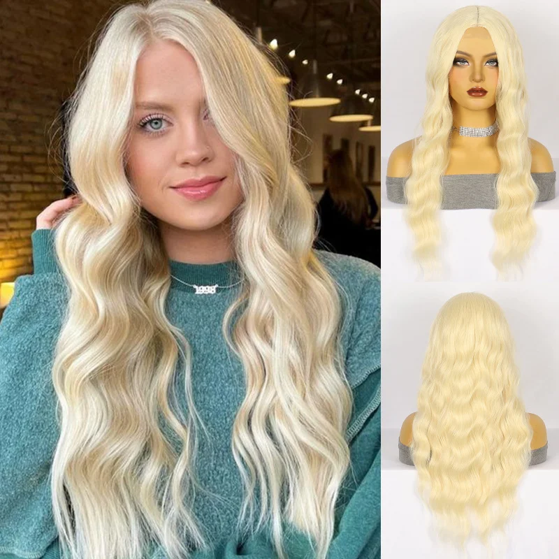 

beige high-quality long curly wig for women, European and American style, heat-resistant, large waves, full head cove