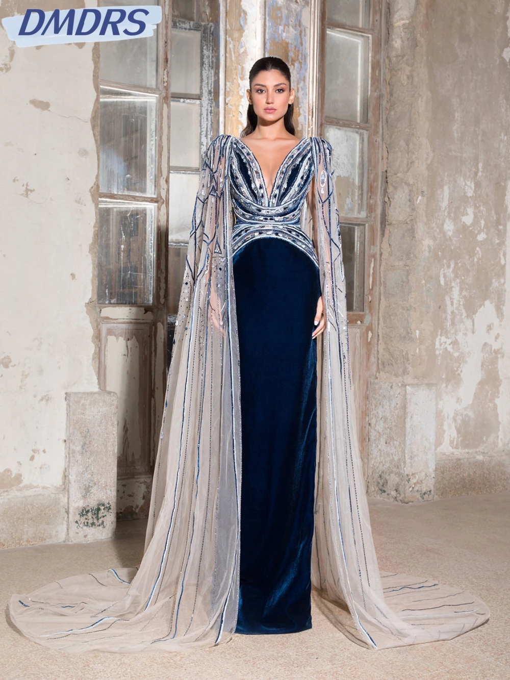 

Elegant Velvet Beaded Straight Long Evening Dress Deep V-neck Cape Sleeve Wedding Party Gown Customized Exquisite Prom Dresses