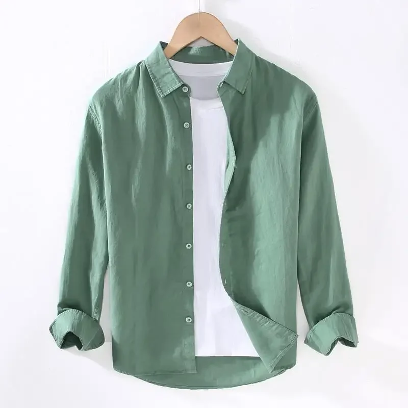 Men's Casual Linen Long Sleeve Shirt Loose Fit Cotton Linen Material Square Collar Shirt For Spring Summer Outer Wear