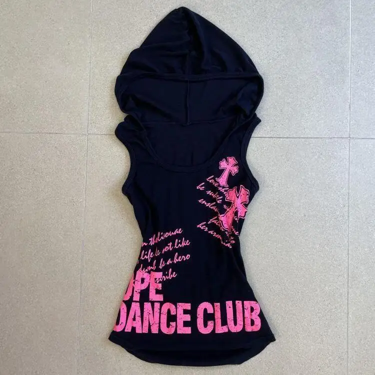 قميص قصير ياباني هاراجوكو ريتور مع قبعة بدون أكمام Y2k 2000s طباعة جمجمة فرعية ملابس عالية الشارع ملابس صيفية فاسق