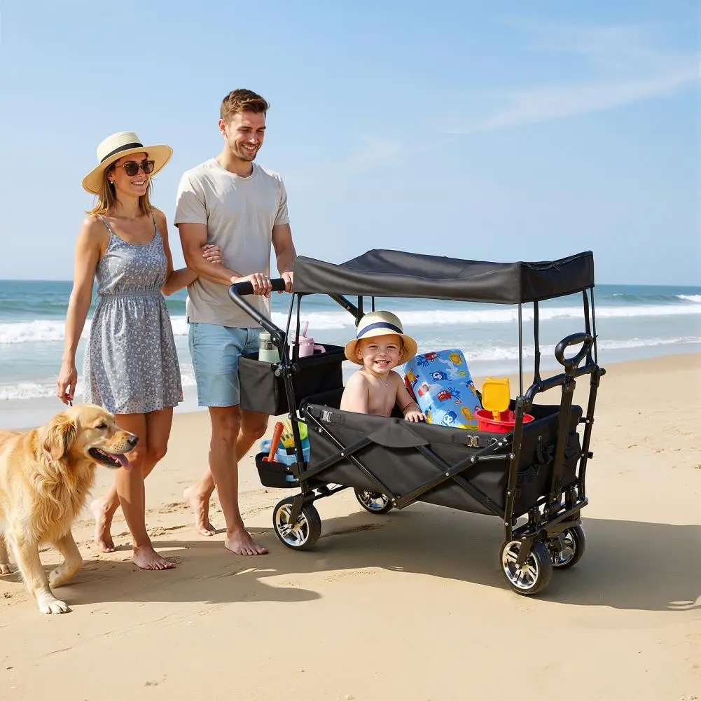 

Foldable Wagon with Canopy, Collapsible Garden Cart with Adjustable Push Pulling Handle, Heavy Duty Outdoor Utility Wagon for Be