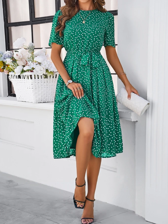 

Elegant and Casual Polka Dot Printed Round Neck Short Sleeved Lace Up Waist Loose Skirt Hem for Vacation Versatile Women's Dress