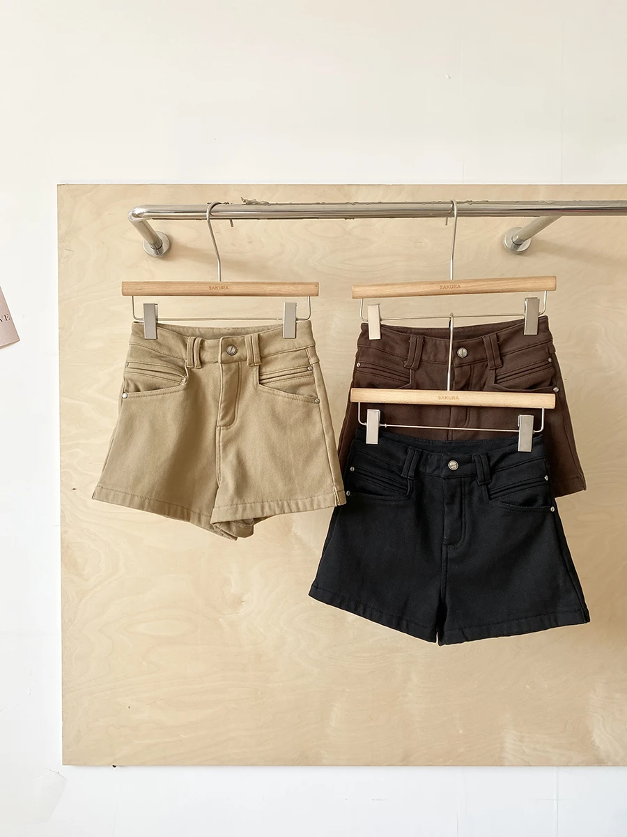 

Ретро-шорты из денима в корейском стиле с флисовой подкладкой, А-силуэт, с высокой талией, утягивающие, широкие штанины, для женщин, осень-зима, новинка