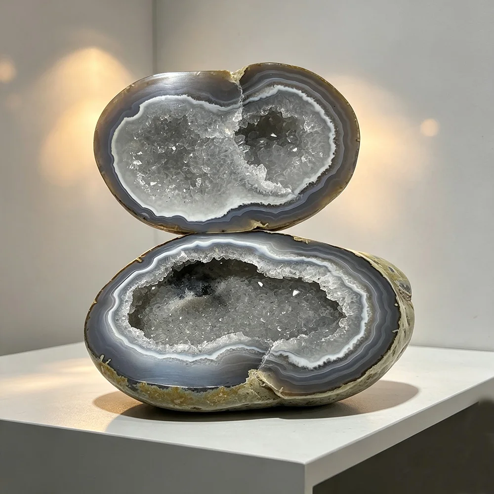 1PC Natural Polished Agate Geode Druzy Quartz Cave Box Mineral Specimen Desktop Decor Living Room Office Ornament Crystal Gift