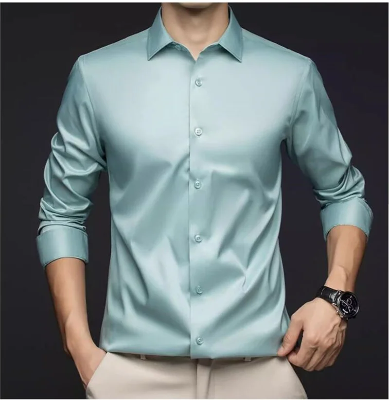 

Мужские профессиональные рубашки с длинным рукавом, весенне-осенняя шелковая атласная рубашка, черные базовые топы, офисная рубашка 38-46, модные майки formales