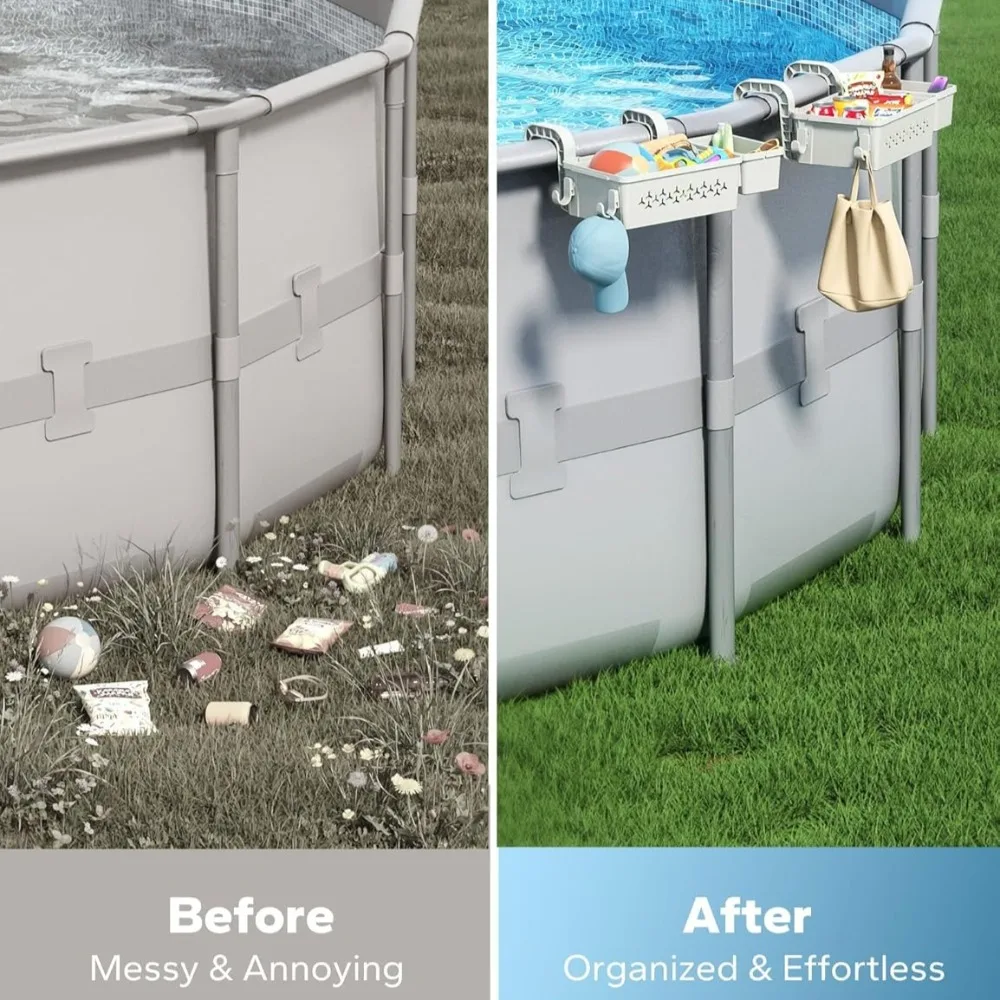 Poolside Storage Basket with Pool Cup Holder, Thickened Plastic Pool Basket for Above Ground Pool