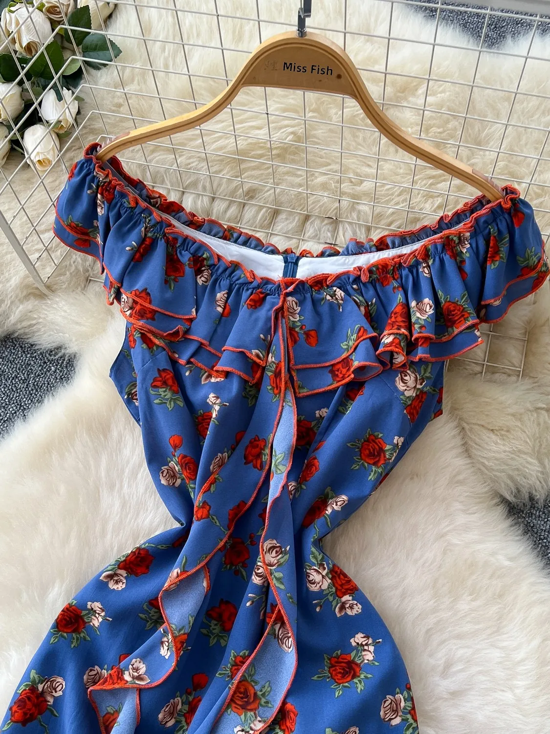 레트로 플로럴 프린트 여름 원피스 여성 A라인 미디 스커트 하이웨이스트 주름 어깨 원숄더 플리츠 피쉬테일 드레스