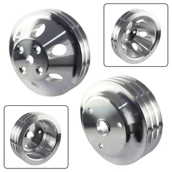 For SBC Chevy 283 350 265 305 327 383 400 Aluminum 2 & 3 Groove Long Water Pump LWP Crank Pulley Kit  Engine Crank Silver