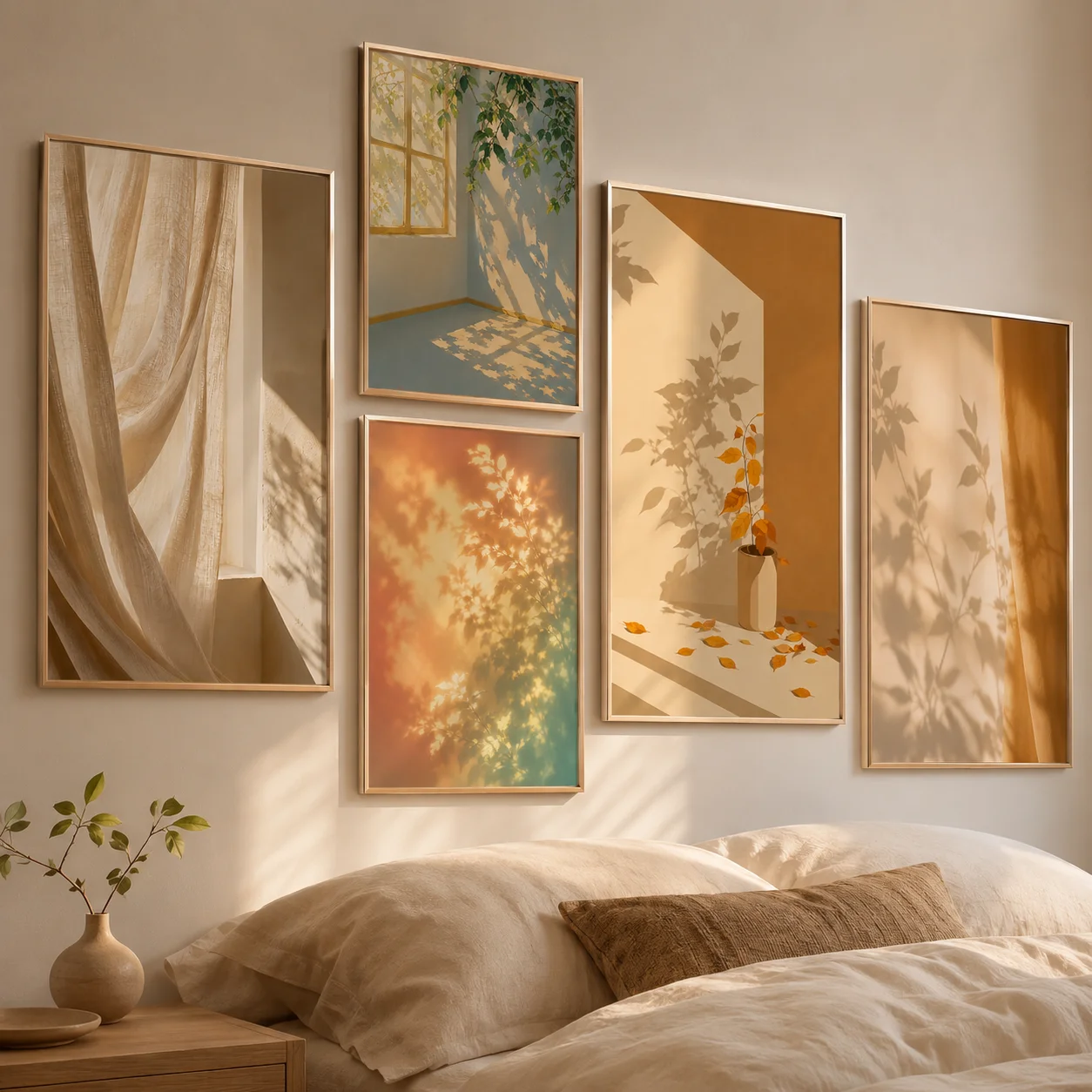 Warm Sunlight Leaf Shadow Canvas Gallery Wall Prints Curtain Window Plant Silhouette Boho Minimalist Bedroom Home Decor Gift