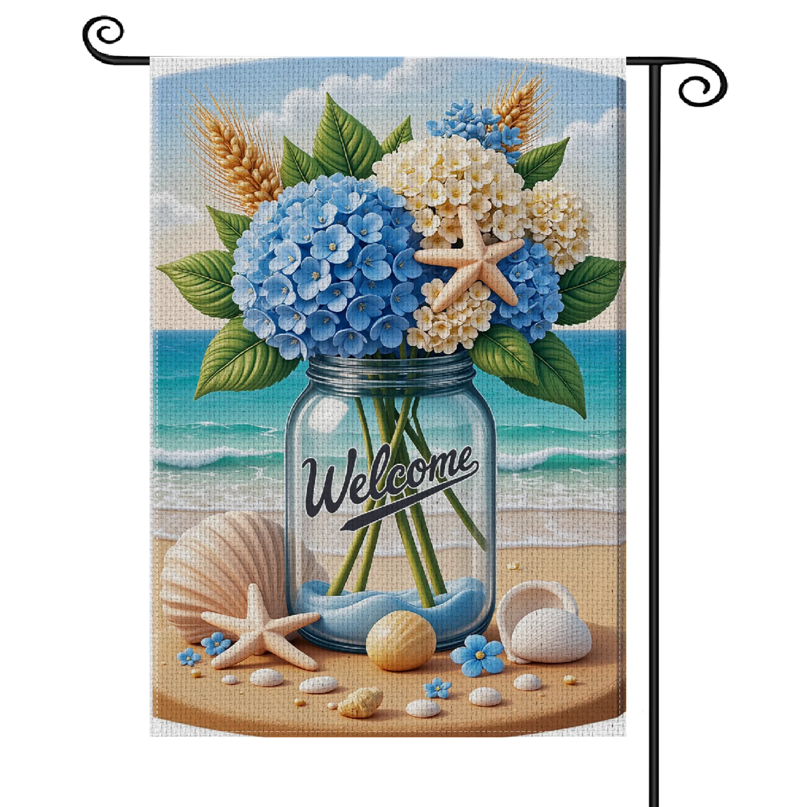 30x45cm Coastal Welcome Garden Flag Floral Pattern Seaside Yard Flag Starfish Accent Seashell Decoration Nautical Garden Banner