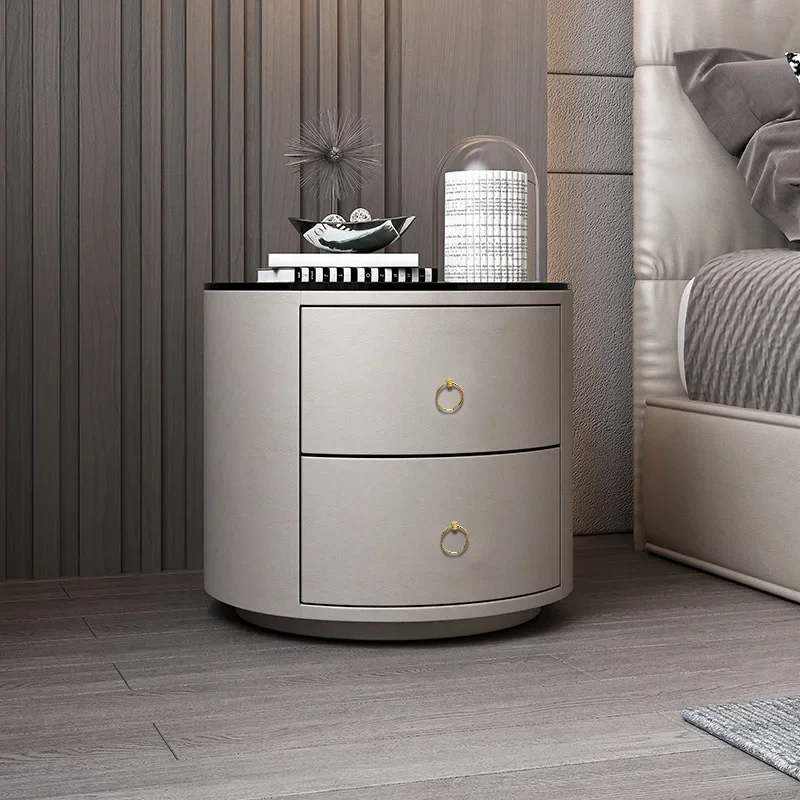 Multifunctional Intelligent Bedside Table Round Leather Wireless Charging Fingerprint With Lock