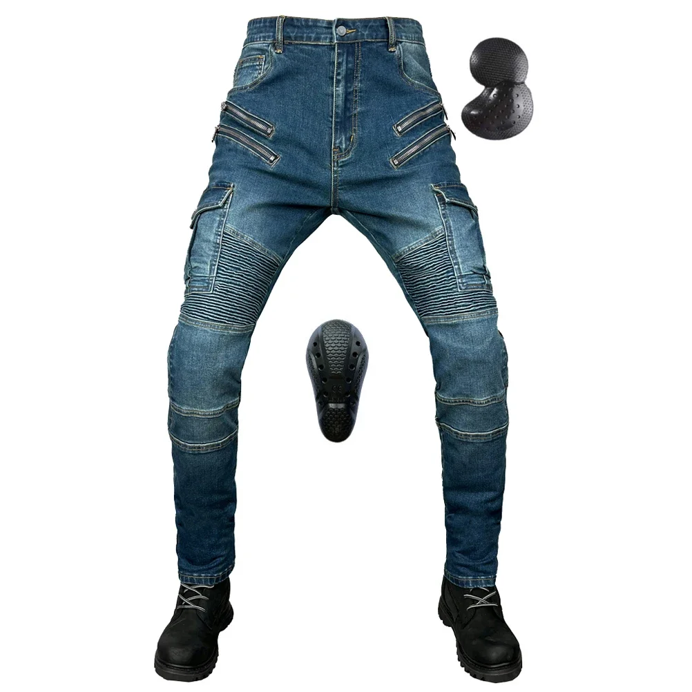 

Men Motorcycle Riding Jeans Multi-pocket Work Pants Ride Anti-Pants Built-in CE Armor Knee Hip Pads off Road Trousers