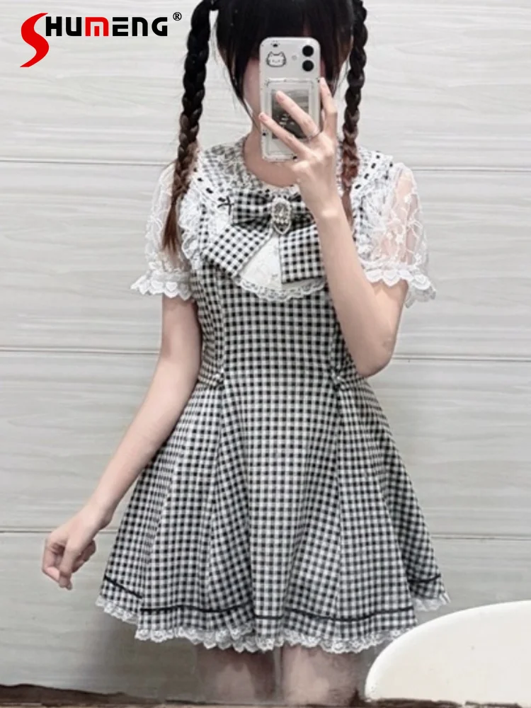 

Japanese Mass-produced Sweet Cute Lolita Outfits Lace Doll Collar Short Sleeve Plaid Dress High Waist Shorts Two-piece Set Women