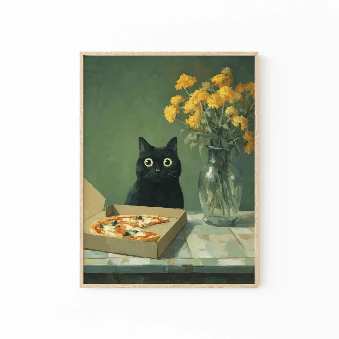 Arte de pared con diseño de gato y pizza - Impresión encantadora que celebra la alegría diaria. El fondo verde intenso y el florido color amarillo dorado