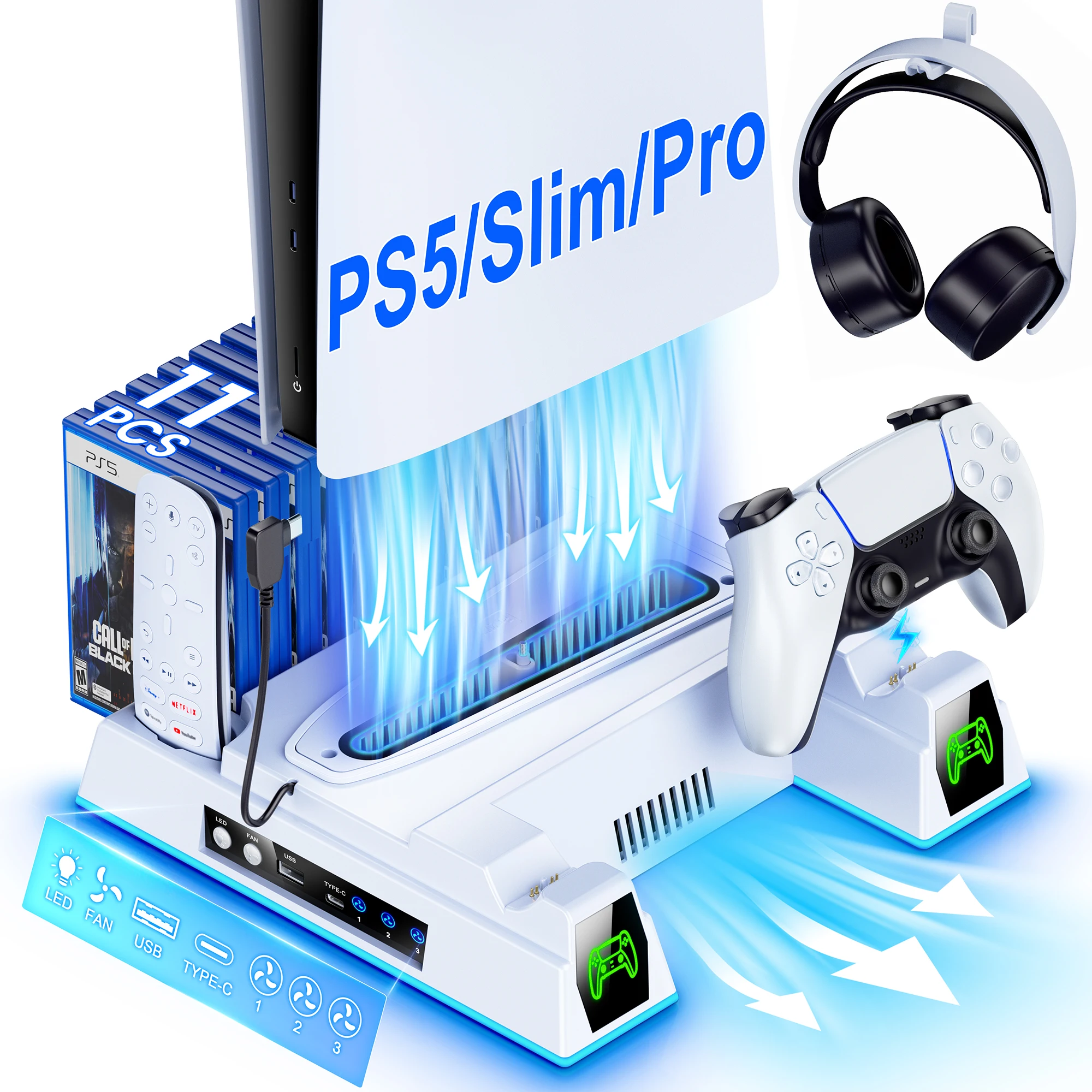 

Подставка-охладитель DinoFire для PS5 — зарядное устройство с 3-скоростным RGB-вентилятором, док-станция для двух контроллеров, 11 слотов, крючок для наушников, настольный органайзер