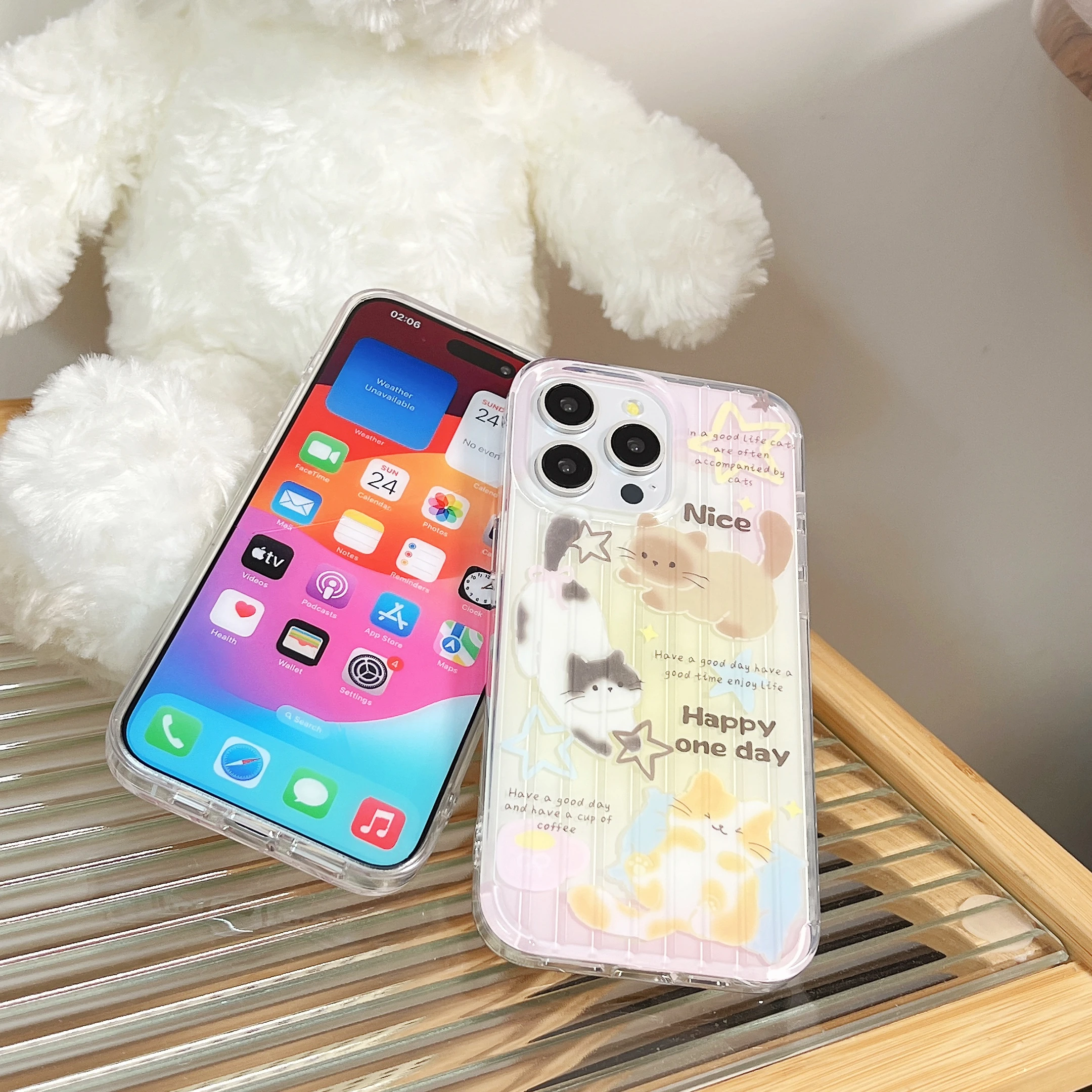 Japan Korea INS Three Cute Cartoon Cats Colourful Stars Phone Case for iPhone 15 14 13 Pro Max Pro Back Cover