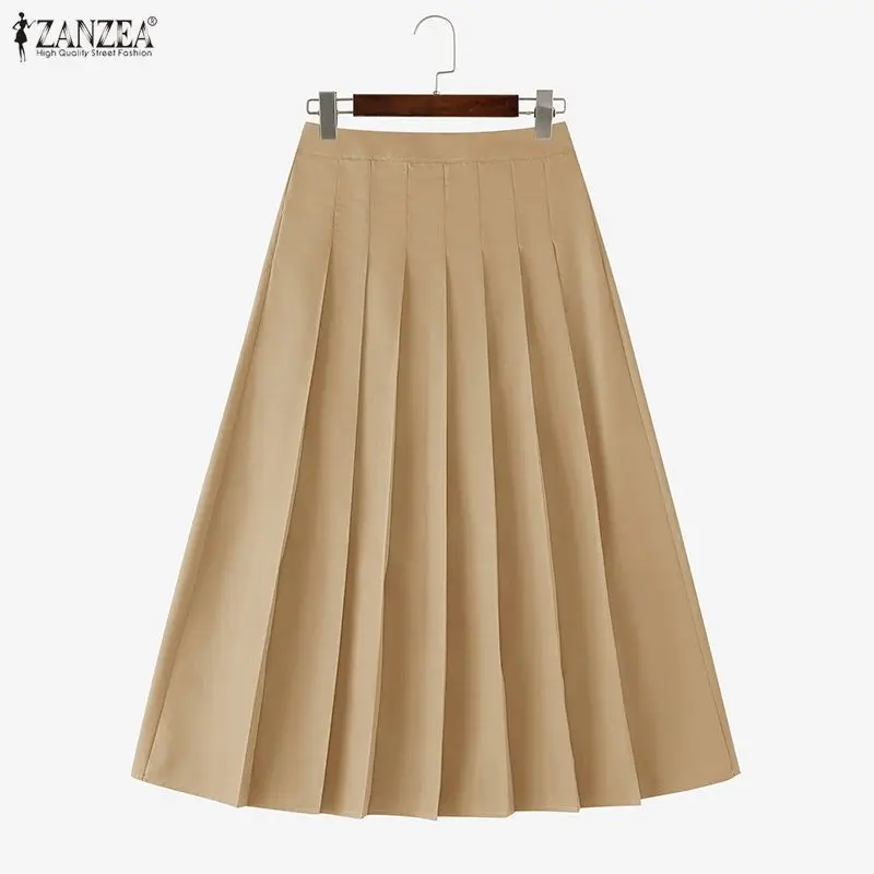 

ZANZEA Fashion Pleated Skirt Summer Women Long Skirts Solid Color A-line Bottoms OL Work Party Vestidos 3XL Oversize Streetwear