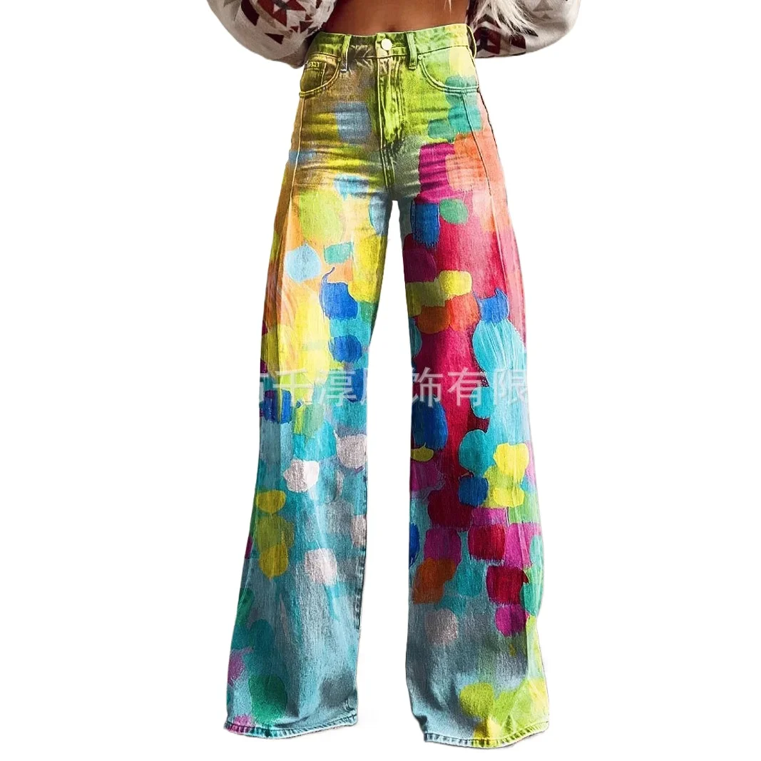 New Fashion Trousers Girls Floor-Length Pant Four Seasons Trousers Women Casual Pants Printed Imitation Denim Wide-Leg 3D Trendy