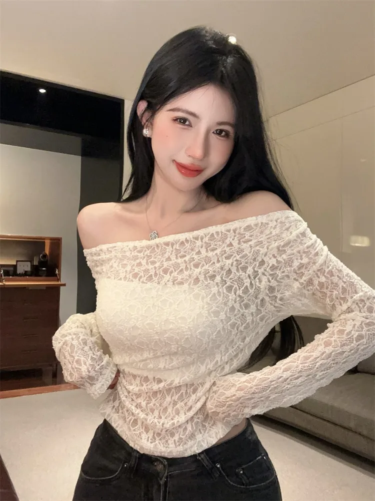 Pure Desire Sexy Lace Hollow out See through T Shirt Women's Slim Fit Short Sleeve Long Neck Design Breathable Autumn Top