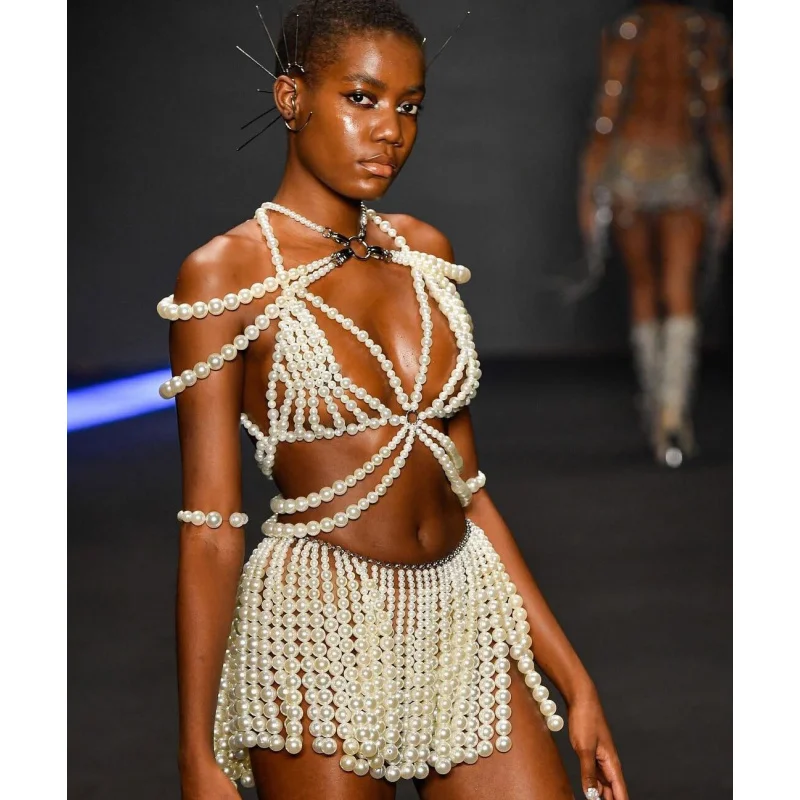 Body Jewelry Woman Sexy Bikini Bra Chain Trendy Totally Hand-made Pearl Bride Double Shoulder Chain Bra Skirt chain Set